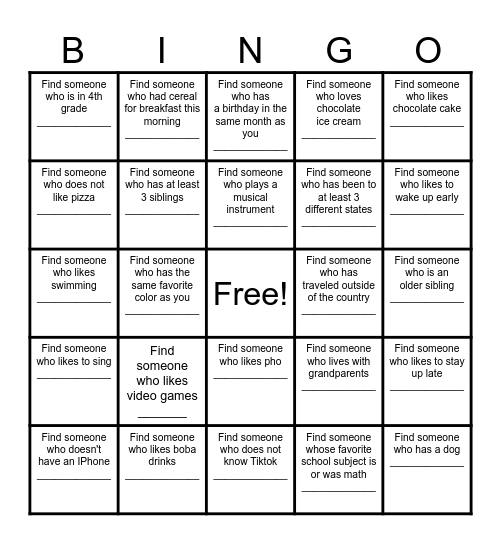 Find a Friend Bingo Card