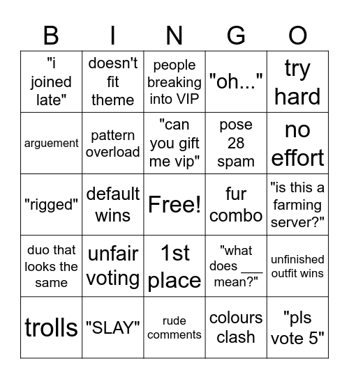 Dress to Impress Bingo Card