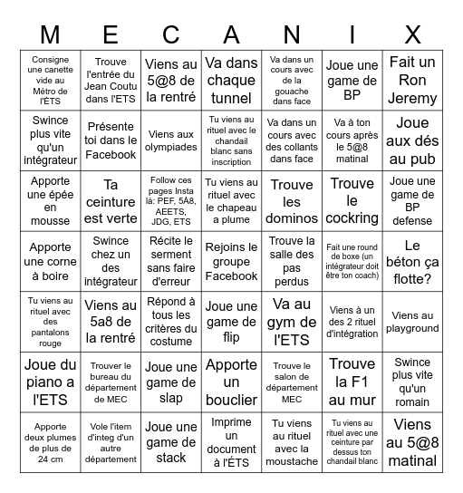 Mecanix Bingo Card