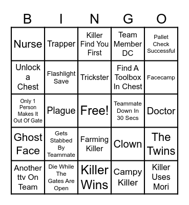 Dead By Daylight Bingo Card