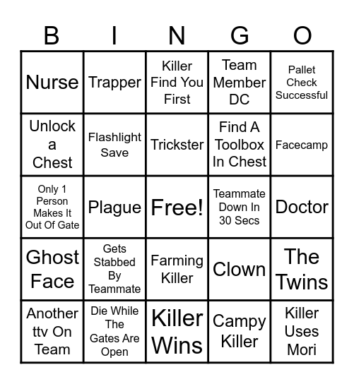 Dead By Daylight Bingo Card