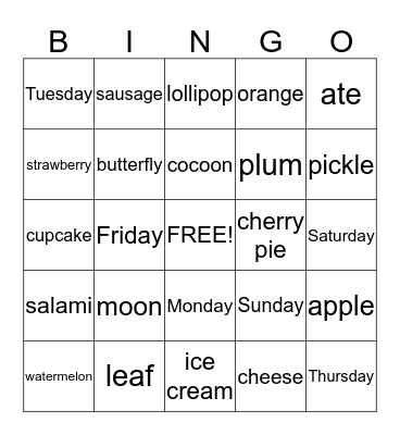 THE VERY HUNGRY CATERPILLAR Bingo Card