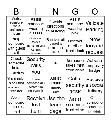 Concierge Bingo! Bingo Card