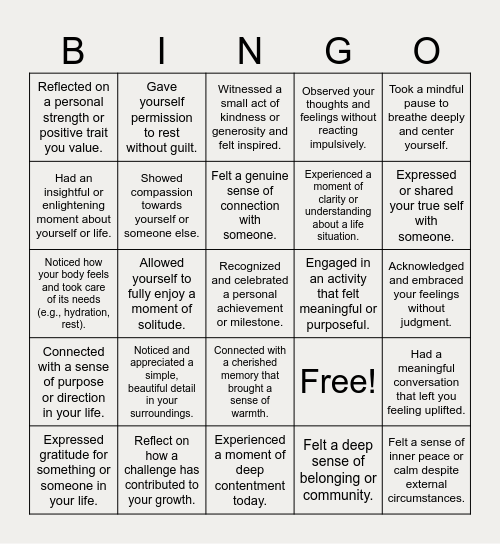 Mindful Happiness Bingo Card Bingo Card