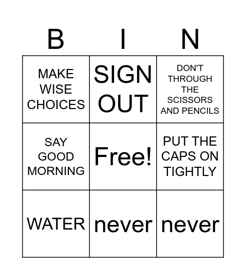 BINGO PRACTICE GAME Bingo Card