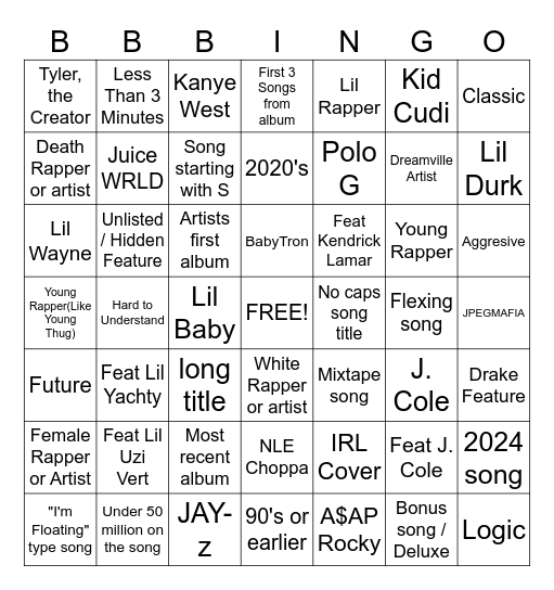 My playlist Bingo Card