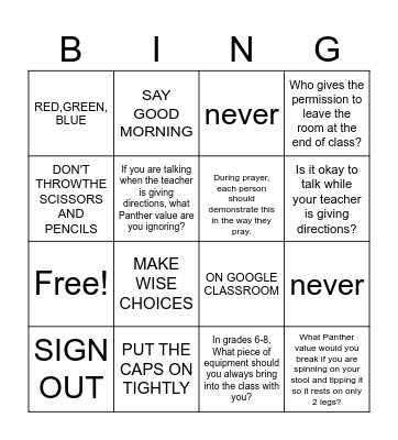 RULES REVIEW FOR THE ART ROOM GAME Bingo Card