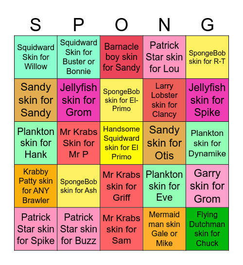 SpongeBob Squarepants Skins Bingo Card