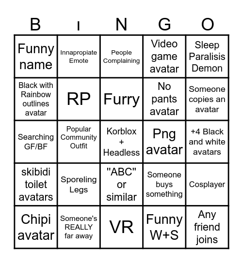 Catalog Avatar Creator Bingo Card