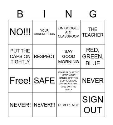 ART ROOM RULES Bingo Card