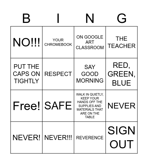 ART ROOM RULES Bingo Card