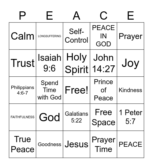 PEACE Bingo Card