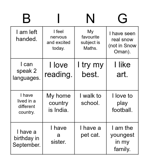 Getting to know you BINGO Card