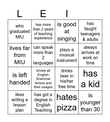 LEI Teachers Bingo Card