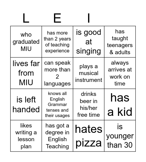 LEI Teachers Bingo Card