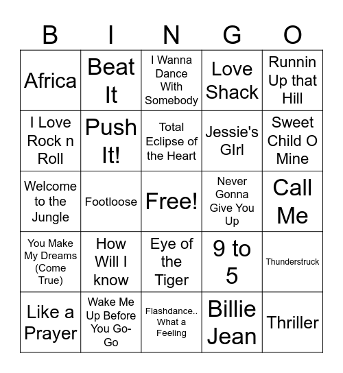 80s Music Bingo Card