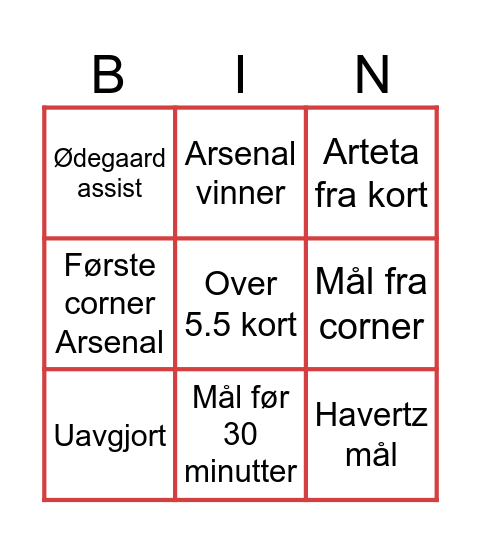 Gooner Bingo Card