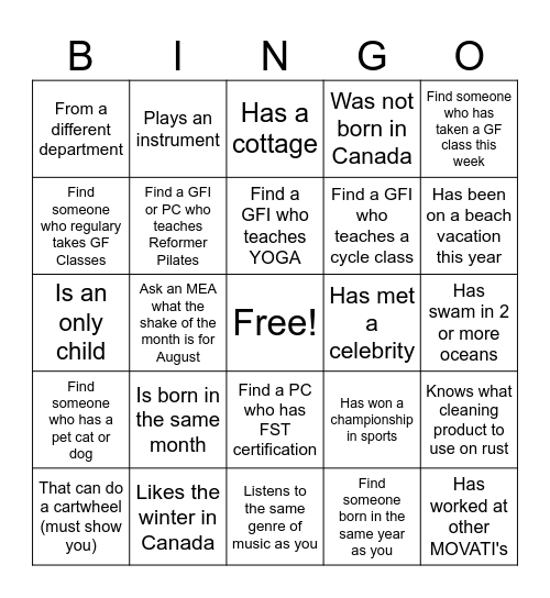 Find Someone From MOVATI Who... Bingo Card