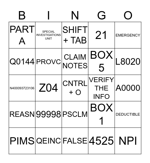 CLAIMS BINGO Card