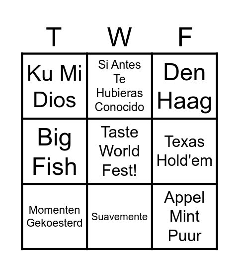 Taste World Bingo Card