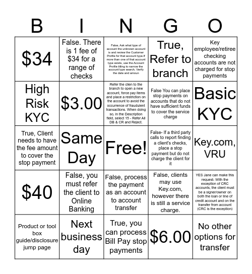 Deposit Procedures Bingo Card