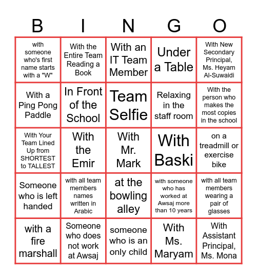 Awsaj Academy Staff Selfie Bingo Card