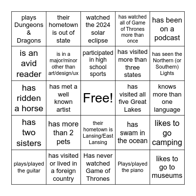 Classroom BINGO Card