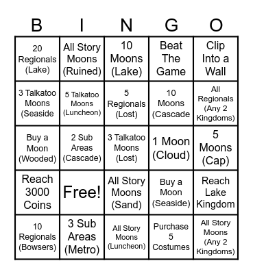 Super Mario Odyssey Challenges Bingo Card