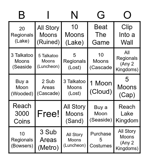 Super Mario Odyssey Challenges Bingo Card