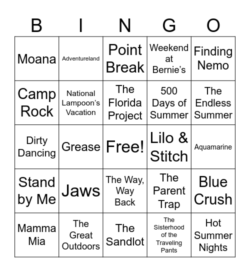 Summer Movies Bingo Card