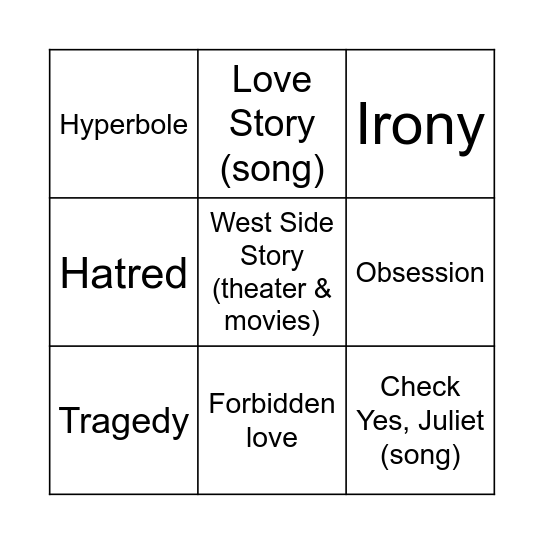 Romeo and Juliet Bingo Card