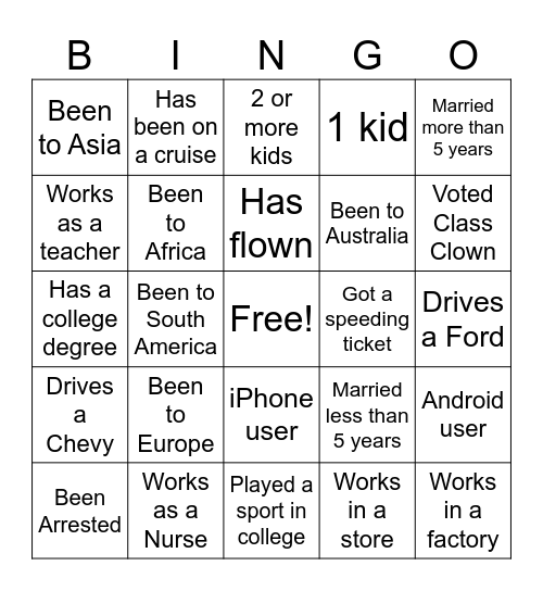 10 Year Reunion Bingo Card