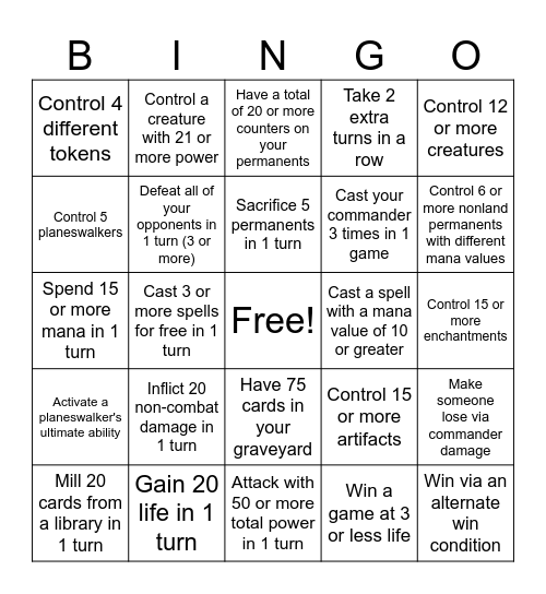 Commander Bingo Card