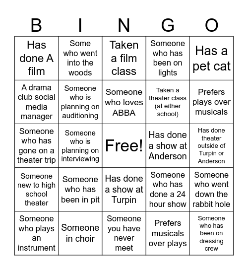 Drama Club Bingo Card