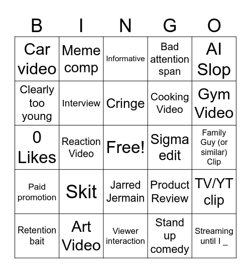 YT Shorts Bingo Card