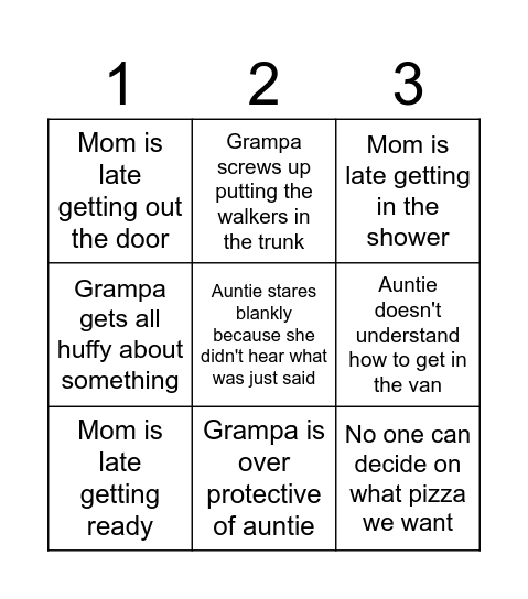 Raven's Birthday Dinner Bingo Card