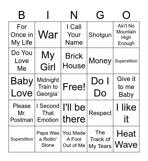 Motown Bingo Card