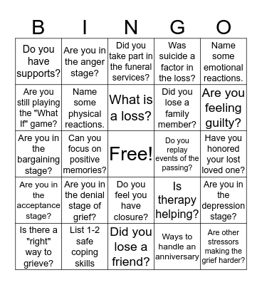 Grief and Loss Bingo Card