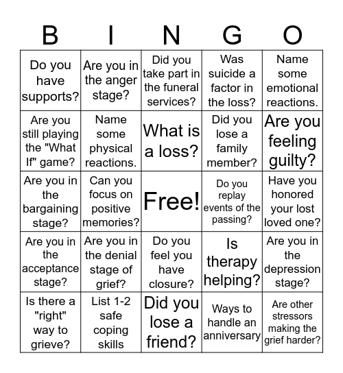 Grief and Loss Bingo Card