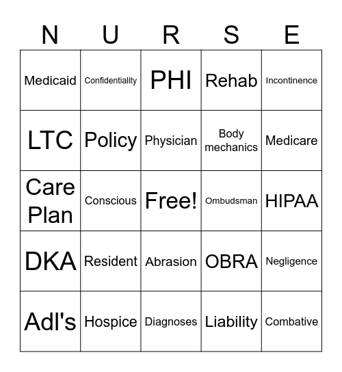 Nurse Bingo Card