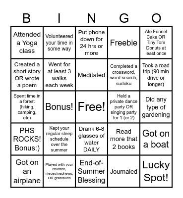 Wellness Bingo Card