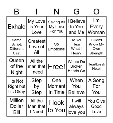 Whitney Houston Bingo Card