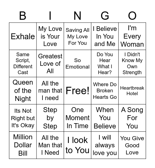 Whitney Houston Bingo Card