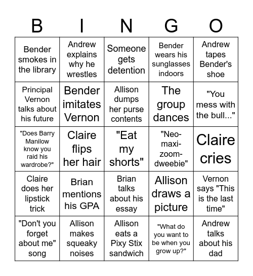 The Breakfast Club Bingo Card