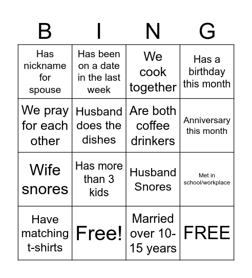 MARRIAGE BINGO Card