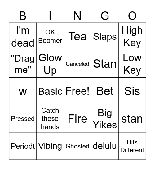 Gen Z Bingo Card