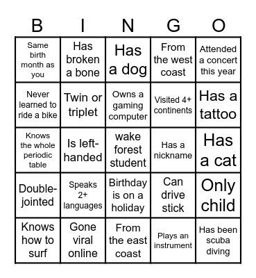 get to know you bingo! Bingo Card