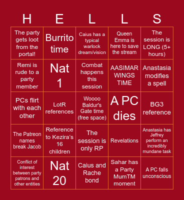 DESCEND - Session 16 Bingo Card