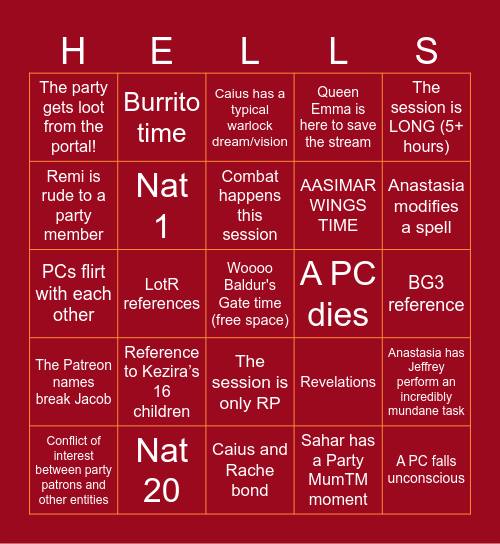 DESCEND - Session 16 Bingo Card