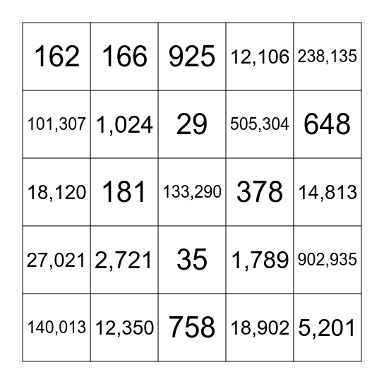 Place Value Bingo Card